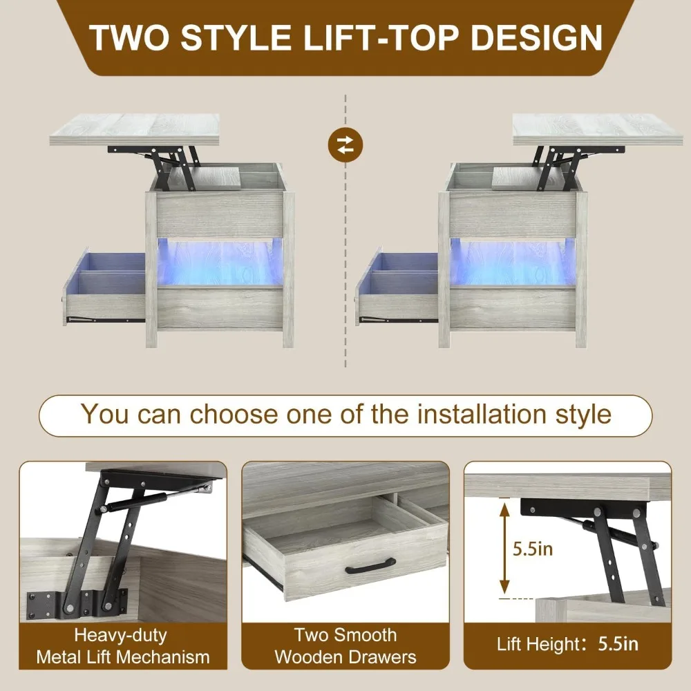 42'' Lift Top Coffee Table With LED, 4-in-1 Multifunctional Coffee Table With Drawers And Hidden Compartments, Converts To Dinin
