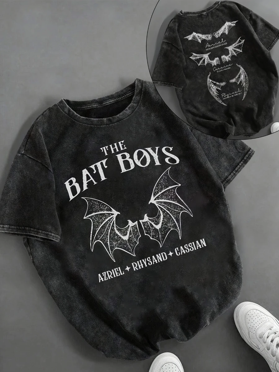 Women's Retro Washed Bat Print T-shirt, ACOTAR Velaris Bat Fan Club Print T-shirt, Featuring A Casual Streetwear Style