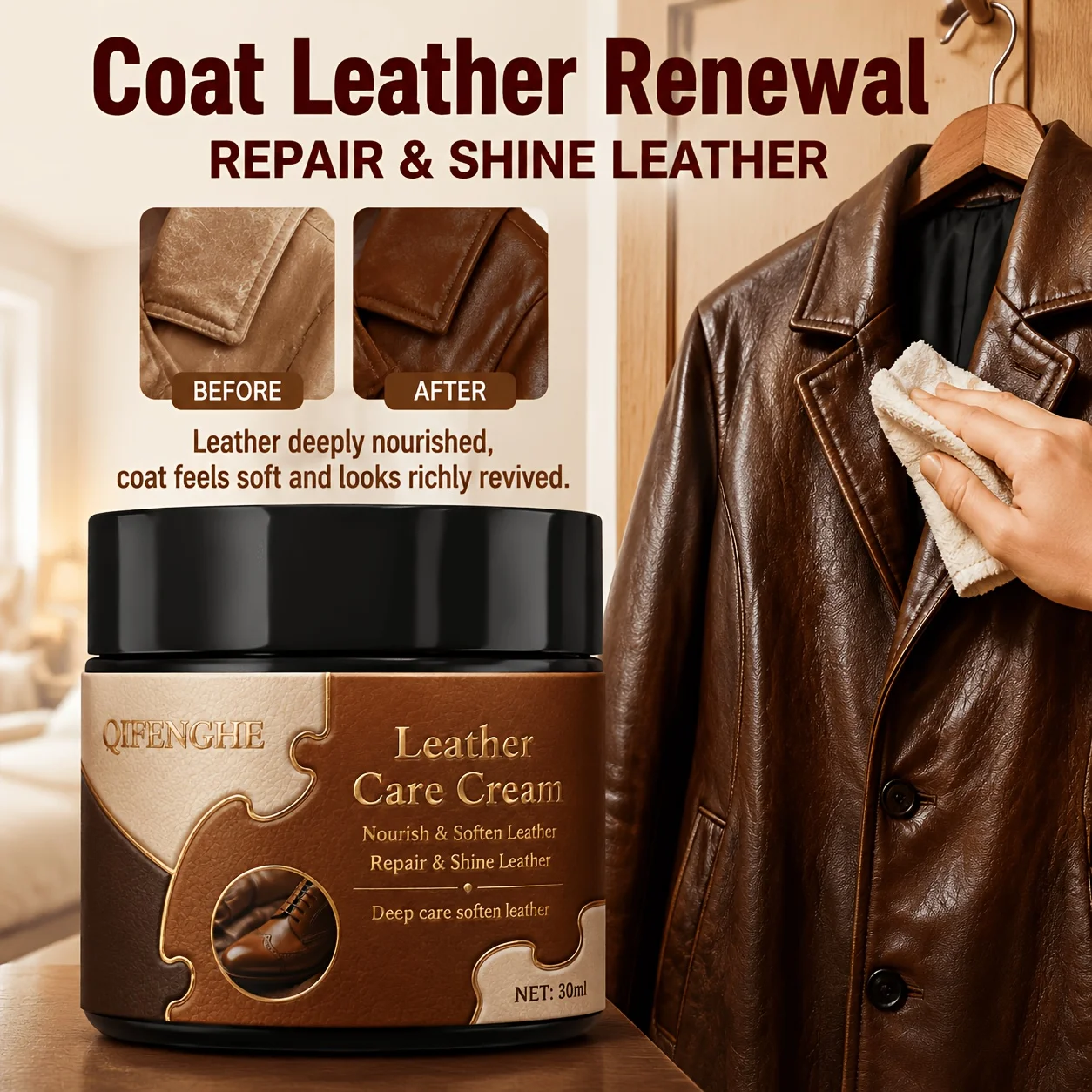 Leather Care Cream, Deeply Nourish, Soften & Restore Shine to Leather Jackets, Furniture & Accessories