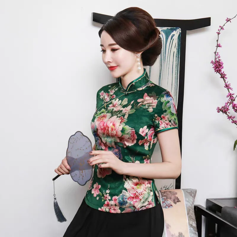 Large Size 3XL-5XL Women Blouse Short Sleeve Chinese Traditional Cotton Tops Elegant Mandarin Collar Blue Print Flower Shirt