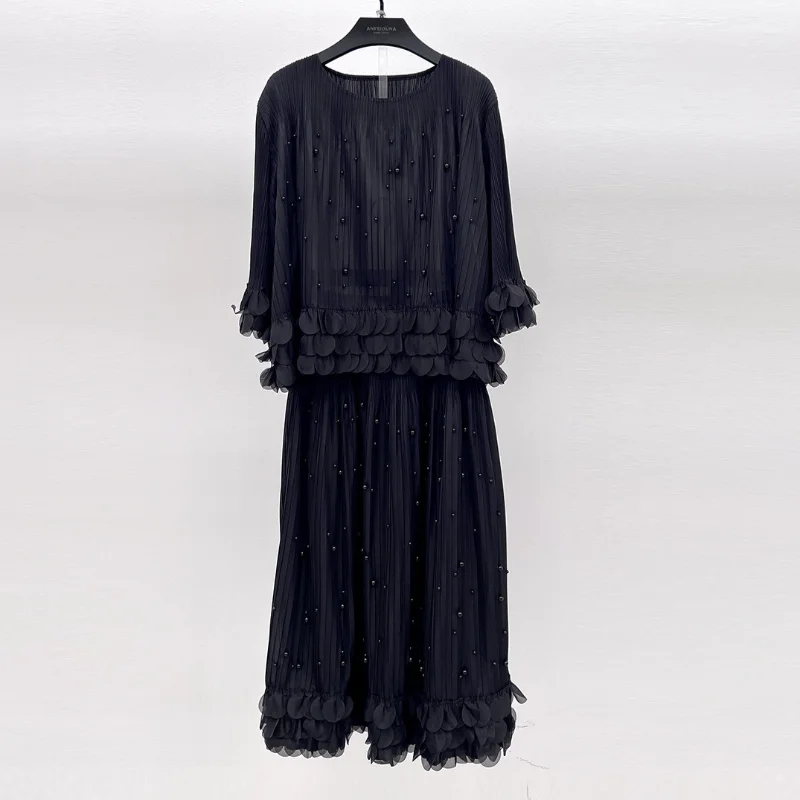 

Pleated Beaded 3D Petals Seven Quarter Sleeve Top Elastic Waist Overskirt Women's Suit Fashion Black Luxury Sweet Two-piece Suit