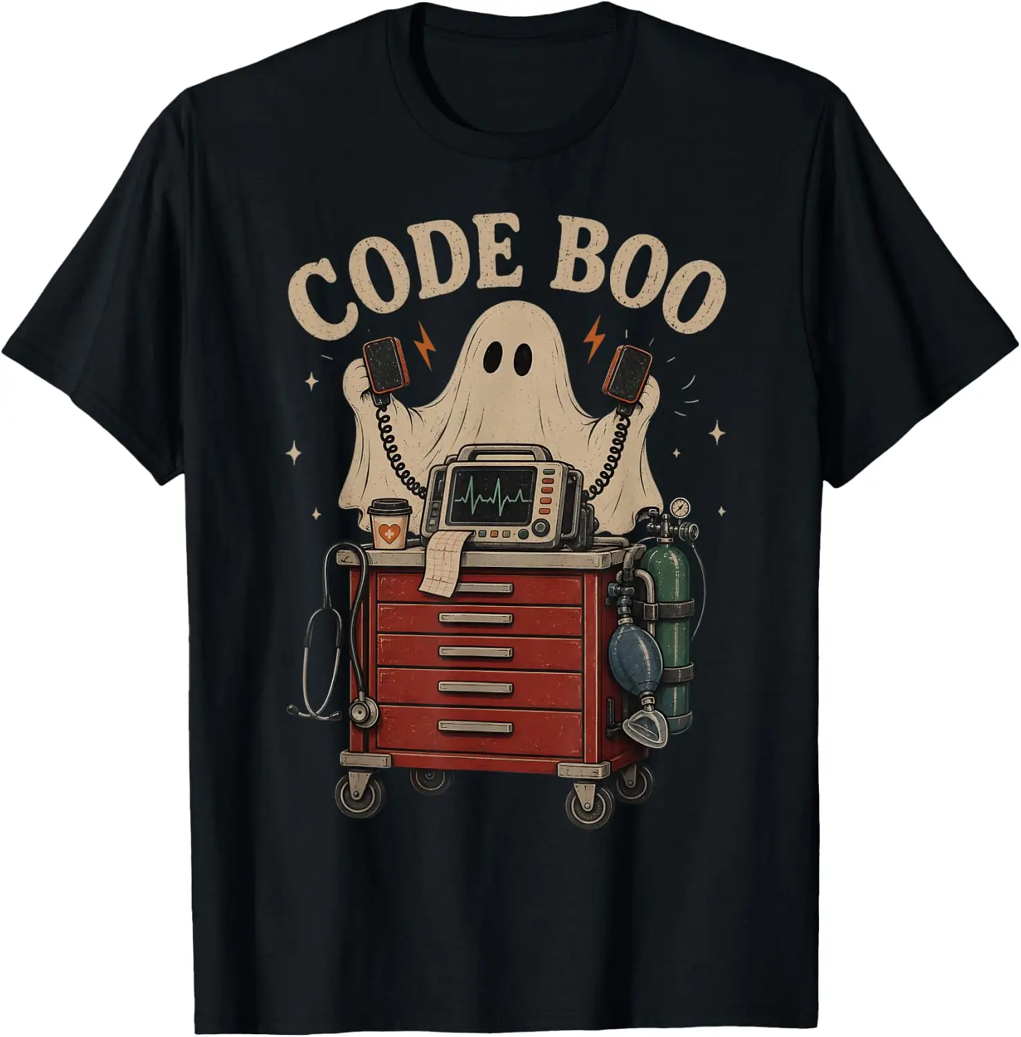 Code Boo Funny Ghost Halloween Nurse Respiratory RN ICU T-Shirt Premium heavyweight pure cotton—stylish, versatile, and unisex; a perfect Christmas gift suitable for year-round wear.