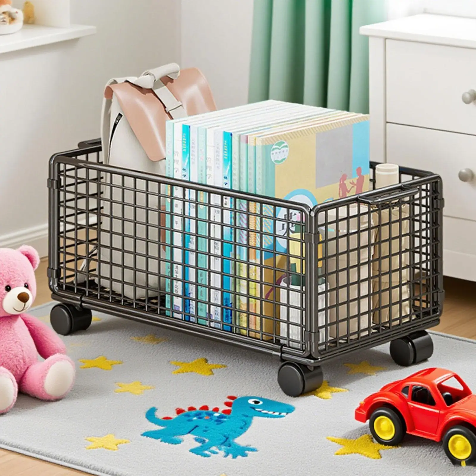 Mesh Hanging File Organizer with Wheel, Mobile Bookshelf Small Utility Cart Rolling File Organizer, for School Handbag Home Toys