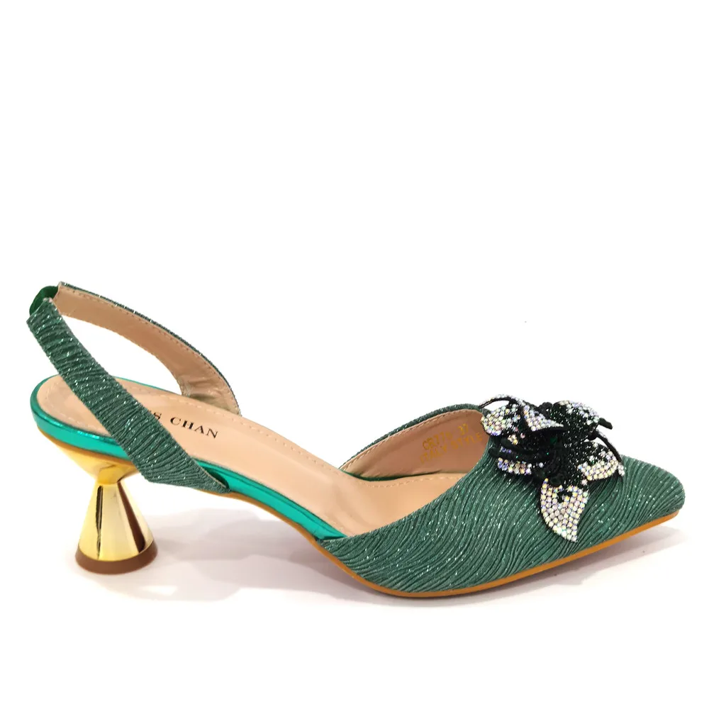 FASHION SHOE Sandals Women 2022 High Heels sexy Green Color Rhinestone Flowers Party Pumps Wedding Shoe and Matching Bag Set