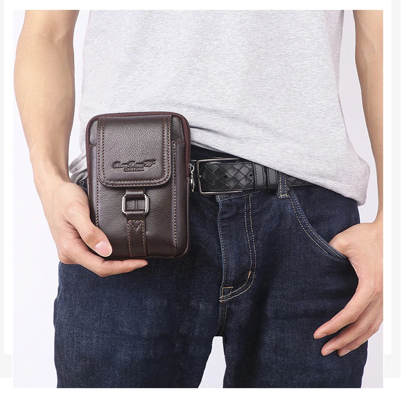 Men Genuine Leather Cell/Mobile Phone Case Cross body Waist Pack Hip Bum Bags Fashion Casual Male Belt Hook Messenger Bag