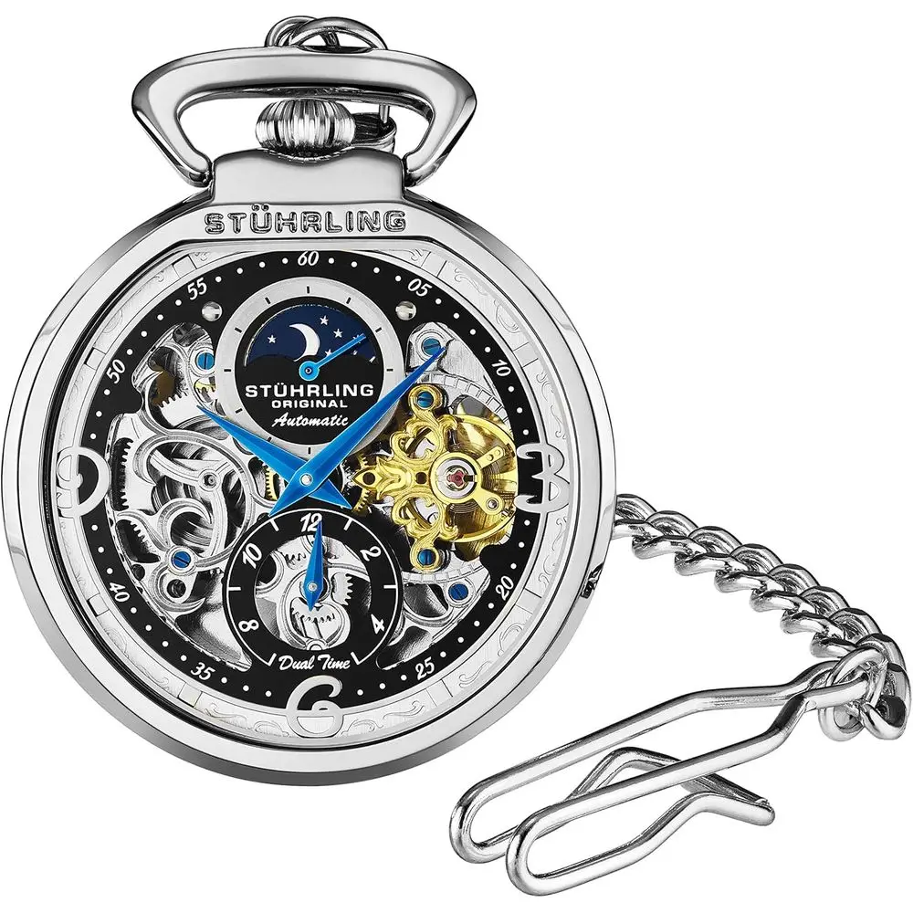 

Мужские автоматические часы Stuhrling Original с механическим механизмом, скелетонизированным циферблатом и цепочкой из нержавеющей стали - Двойное время AM/PM Sun Moons