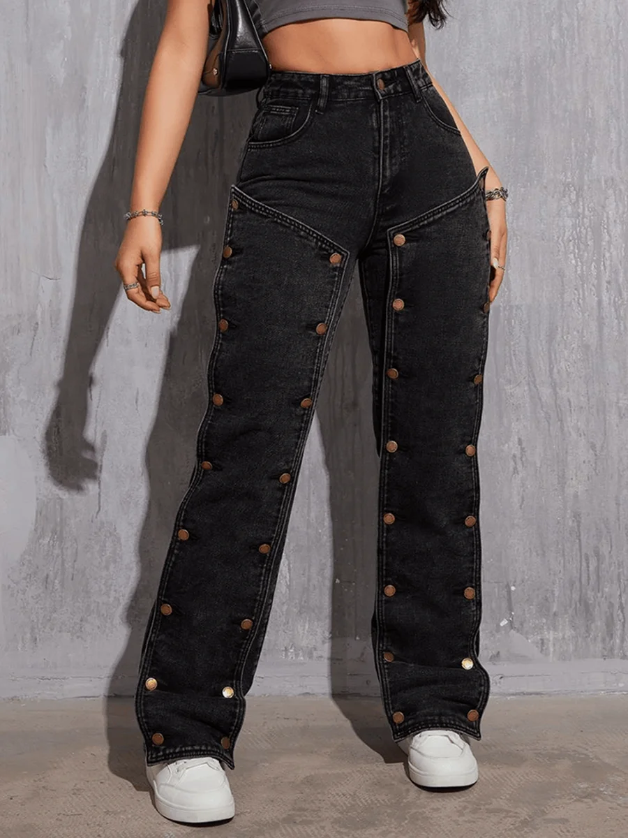 ReddaChic Irregular Buttoned Up Straight Jeans Women Vintage Wash Black Low Waist Cargo Pants Hiphop Trousers E-girl Streetwear