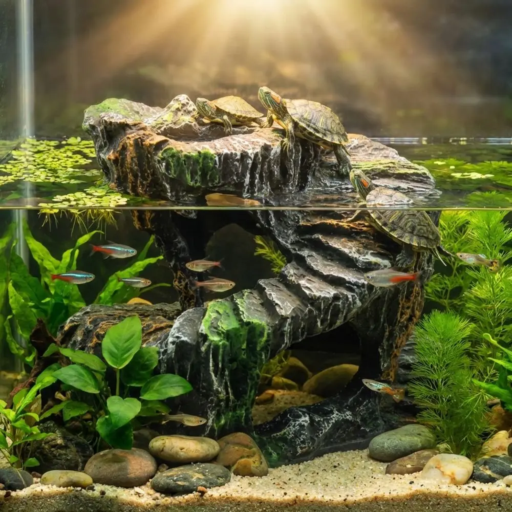 Resin Turtle Basking Platform Non-Toxic Sturdy Reptile Hiding Cave Fish Hideaway Mountain Cave Shelter Cave Landscaping