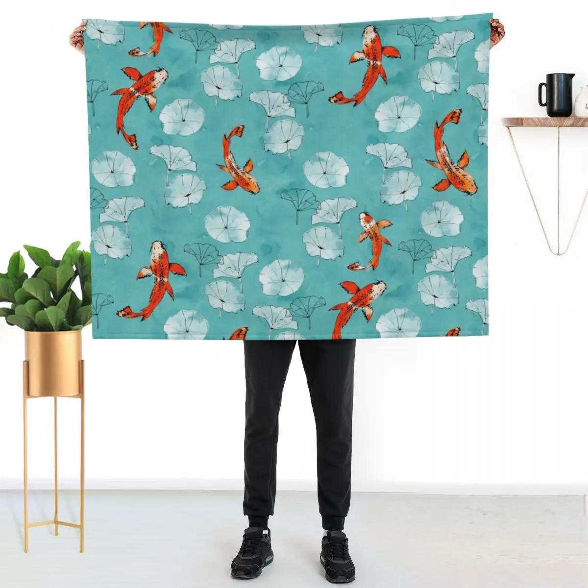 Waterlily koi in turquoise Throw Blanket Single Fashion Sofas Decorative Sofa Bed Comforter Plush Blankets