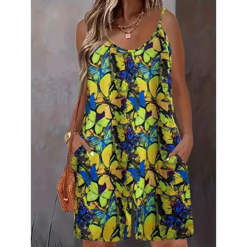 

European and American Summer New Comfortable CasualVPrinted Short Sleeve Collared Jumpsuit Shorts