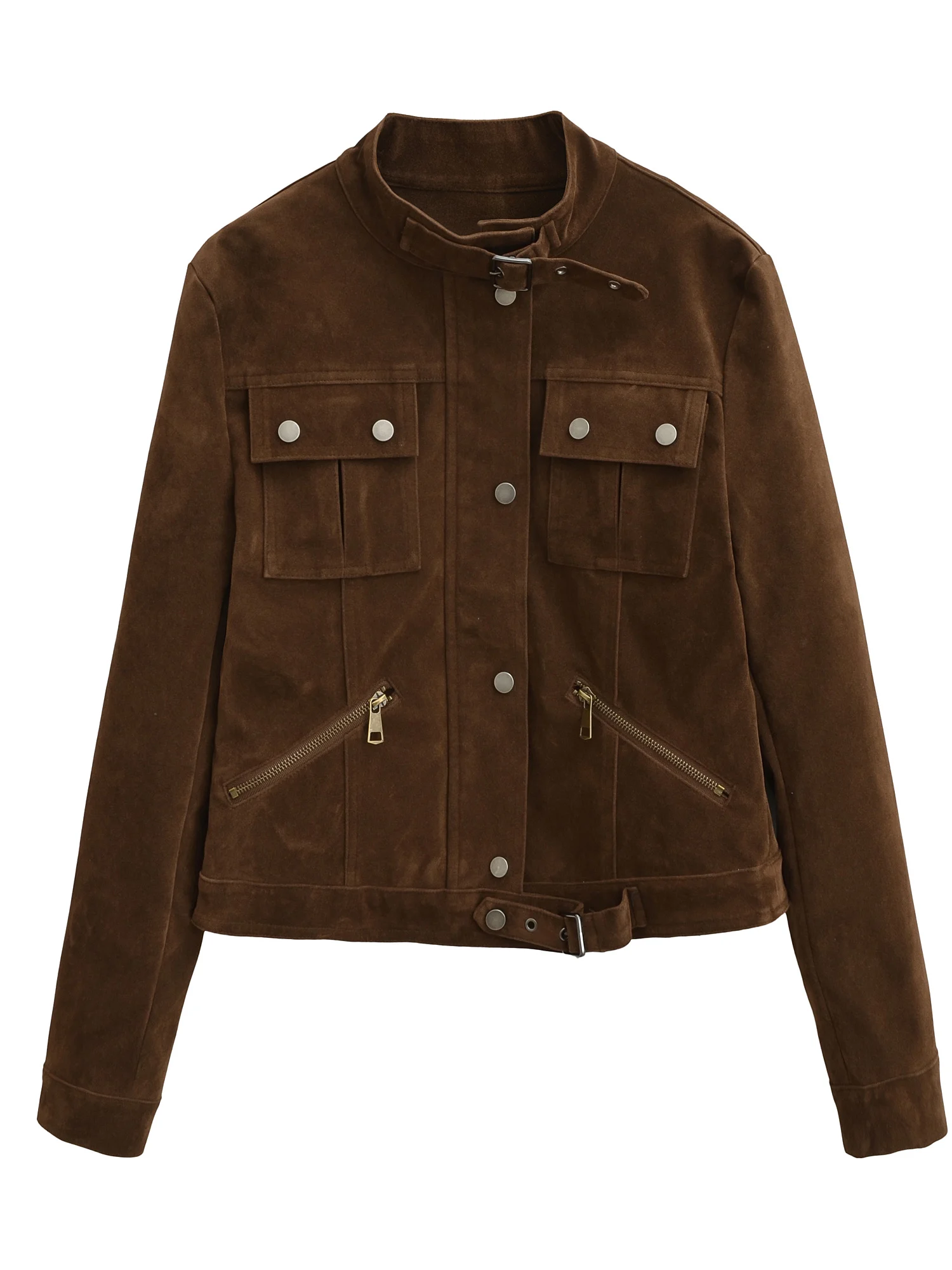 

Американская спецодежда в стиле ретро, женская свободная замшевая куртка с воротником-стойкой, многокарманная мотоциклетная куртка, коричневая универсальная верхняя одежда