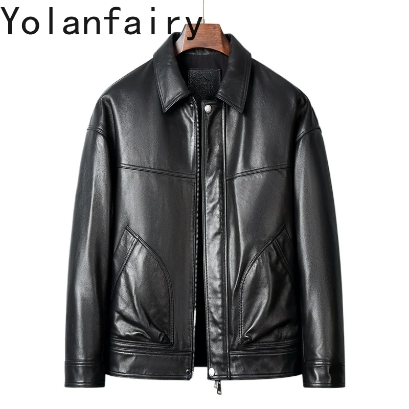 

YOLANFAIRY Real Sheepskin Genuine Leather Jackets Man Short Loose Motorcycle Jacket Oil-wax Cowhide Leather Coat Jaqueta Couro