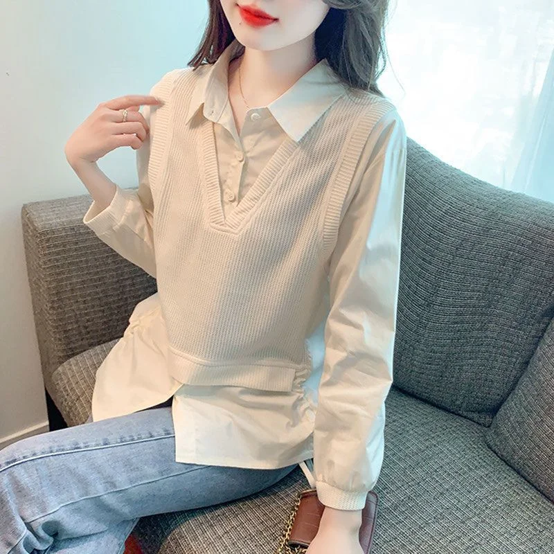 Fake Two-piece Shirt Women's POLO Collar Drawstring Long Sleeve Chiffon Fashionable Age-reducing Top