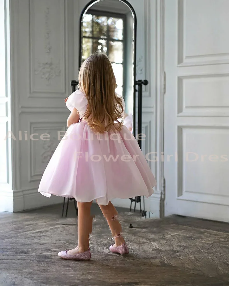 Vestido rosa oganium flor menina manga bufante linha a na altura do joelho vestido aplique (sem acessórios) vestido de festa de aniversário de primeira comunhão