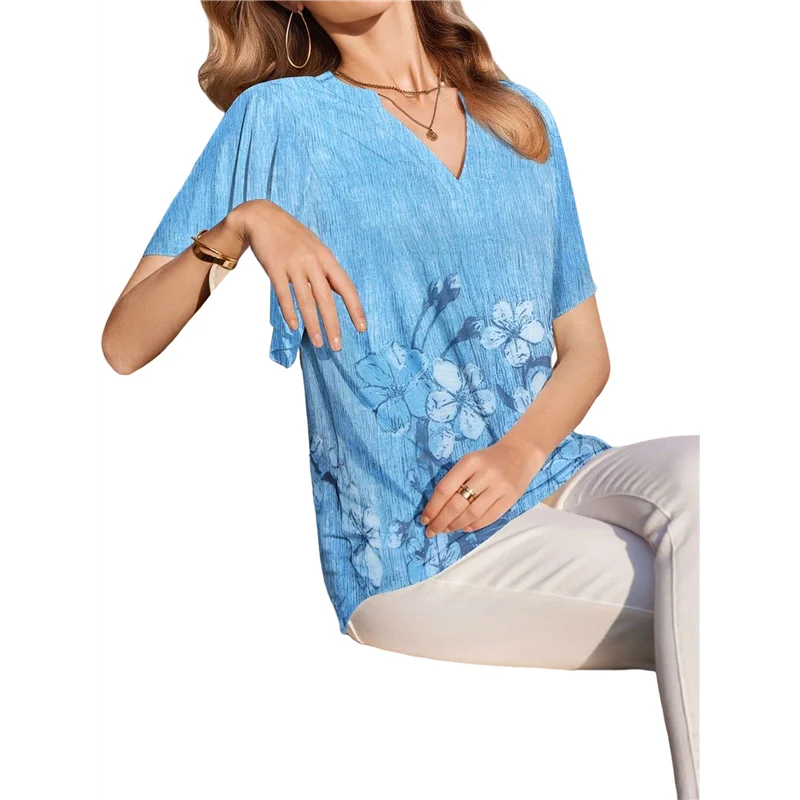 

ASDS-Women's Short Sleeve V Neck Blouses Shirts Floral Double Layers Mesh Tunics Tops