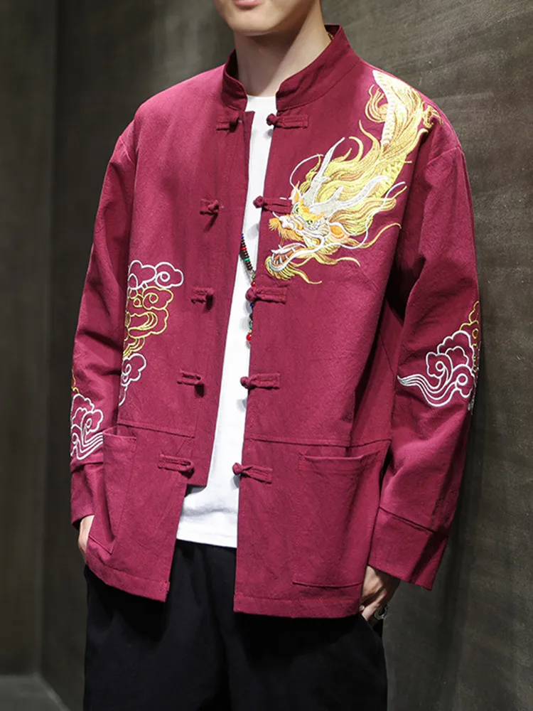 

Красная вышитая куртка для мужчин, лимитированная серия 2024 года, китайский стиль, с воротником на пуговицах, в стиле Тан, Ханьфу, верхняя одежда
