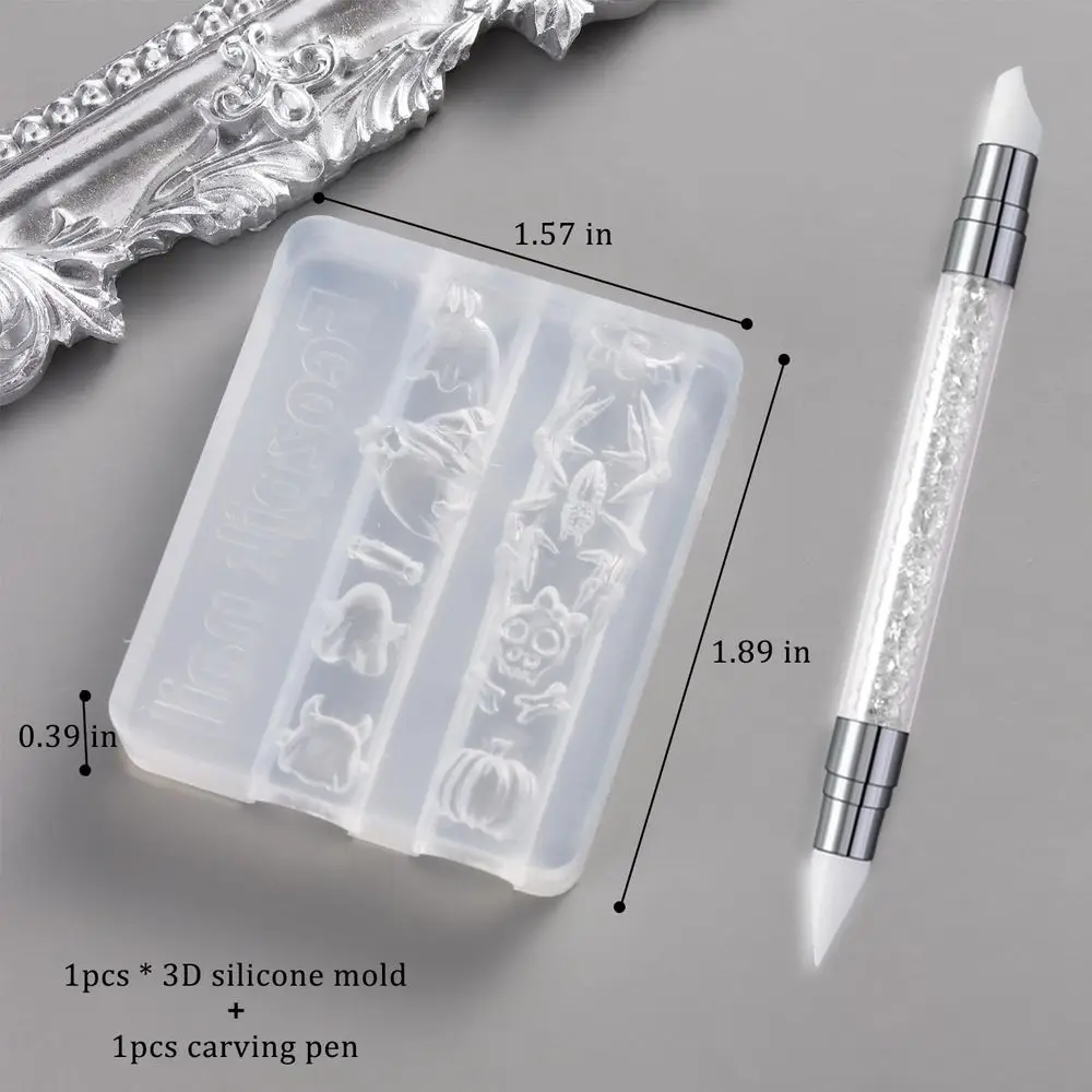Silicone Nail Art Molds Halloween, 3D Bat Pumpkin Skeleton Nail Charms Mold with Carving Pen Clear Eling Templates Manicure Sten