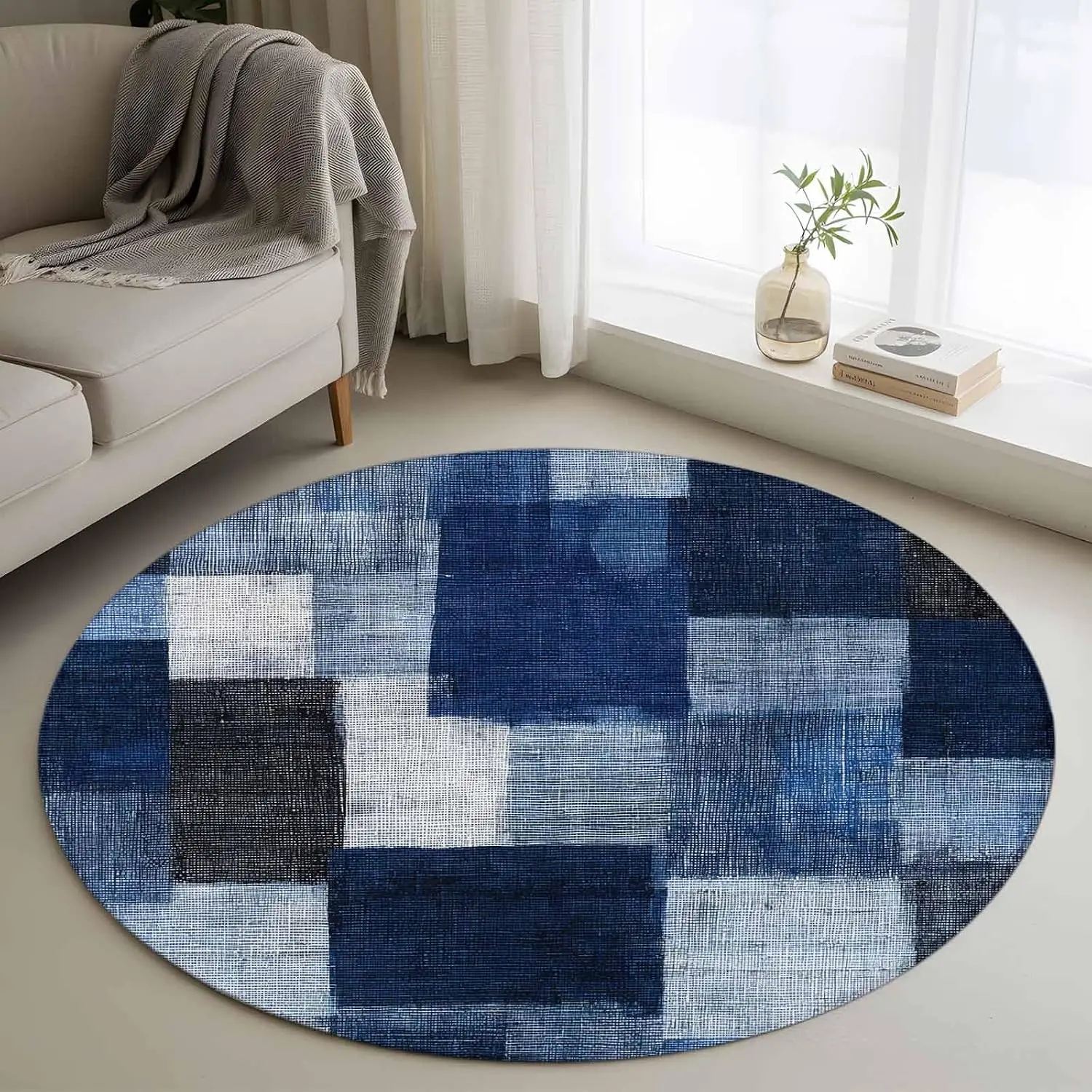 Modern Geometric Brown Round Rug Abstract Checkered Circular Carpet Soft Bedroom Non Slip Floor Mat Decorative Rug Living Room