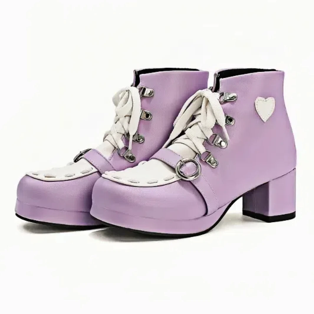 

Girls Lolita Ankle Boots Autumn Winter PU Leather Sweetheart Shoes White Pink Purple Apricot Black