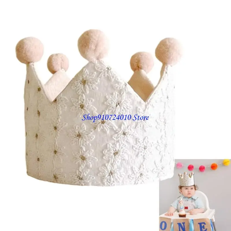 

77HD Photoshoots Floral Crowned Hat for Baby Royal Design 3D Embroidery Breathable Lace Fabric Hat for Special Event