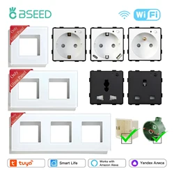 BSEED EU/FR/UK Wifi Smart Socket Parts Universal Wall Power Socket Tuya Smart Life App Power Monitor Glass Frames DIY Parts