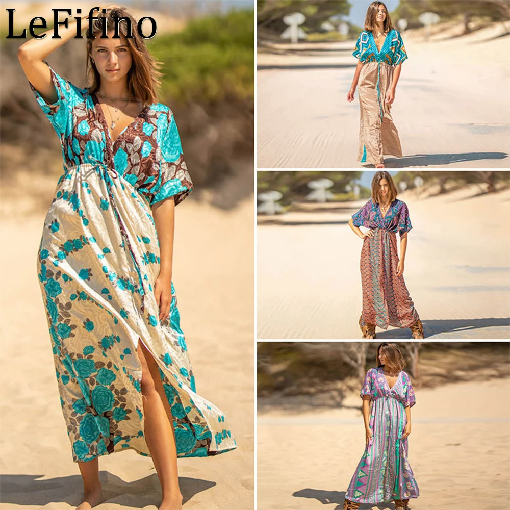 Summer Printing Wrinkled Loose Size Fitting Drawstring V-neck Long Skirt Beach Vacation Outwear Sun Protection Dresses For Women