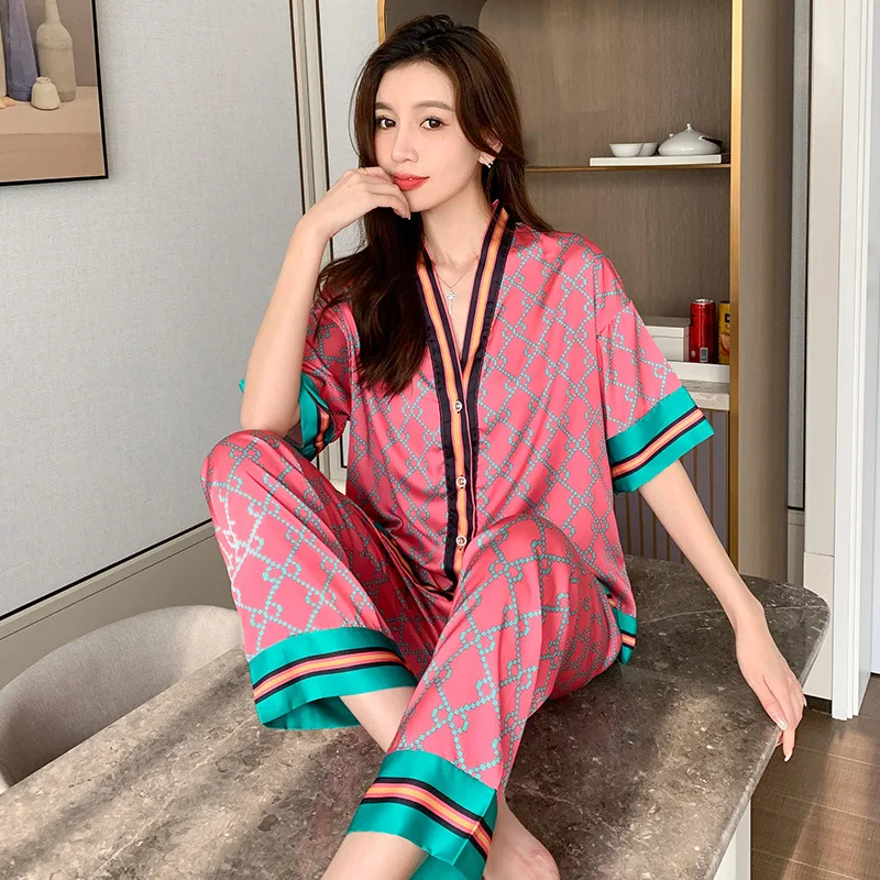 Summer Women's Thin Silk Imitation Pajamas V-neck Short Sleeve Cardigan Casual Home Clothing Set Fashion Printed Sleepwear