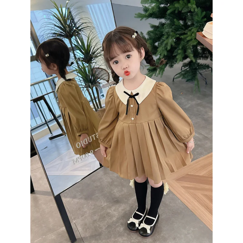 Hnq-Girls' Dress Spring New Sweet Western Style Preppy Style Long Sleeve Princess Dress Children One Piece Dropshipping