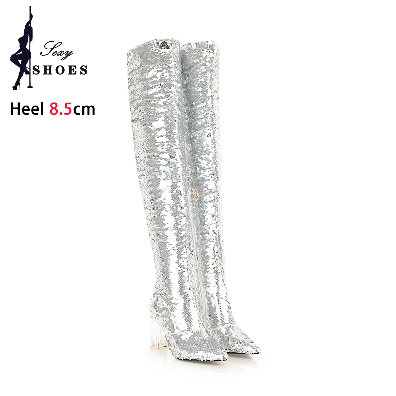 Pointed Toe Over the Knee Boots Women Crystal High Heels Winter Long Tube Booties Nightclub Female Shoes Bling Thigh High Boots