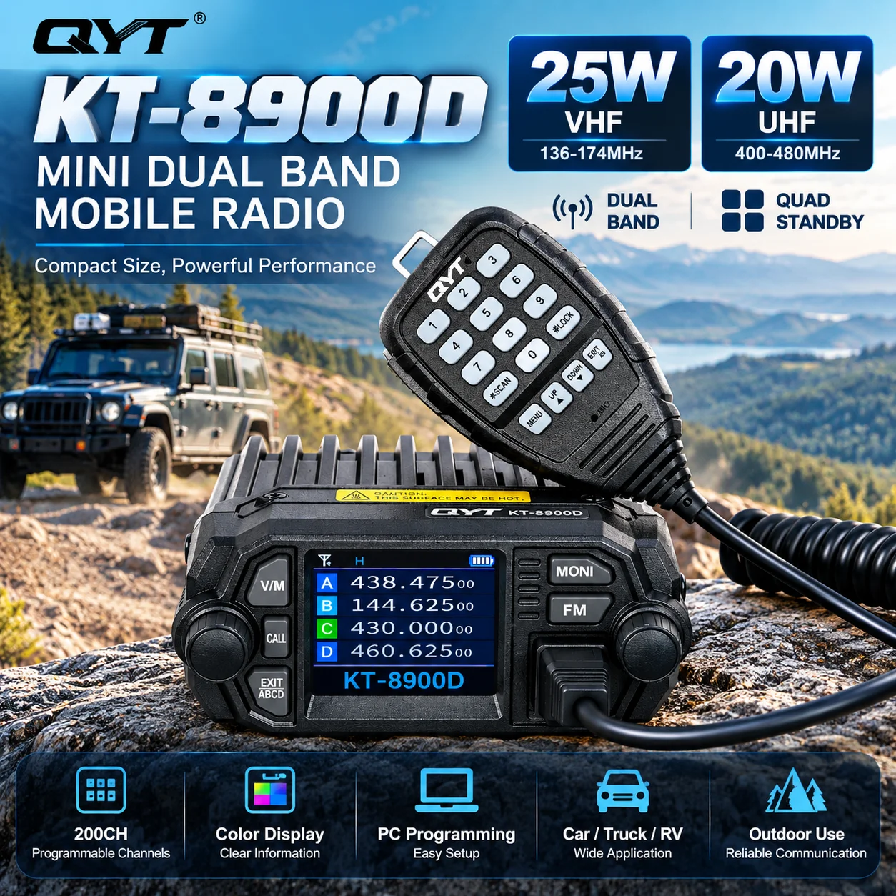 QYT KT-8900D 25W VHF 20W UHF Dual Band Mobile Radio Quad Standby 200CH Mini Car Walkie Talkie Color Screen DTMF CTCSS DCS