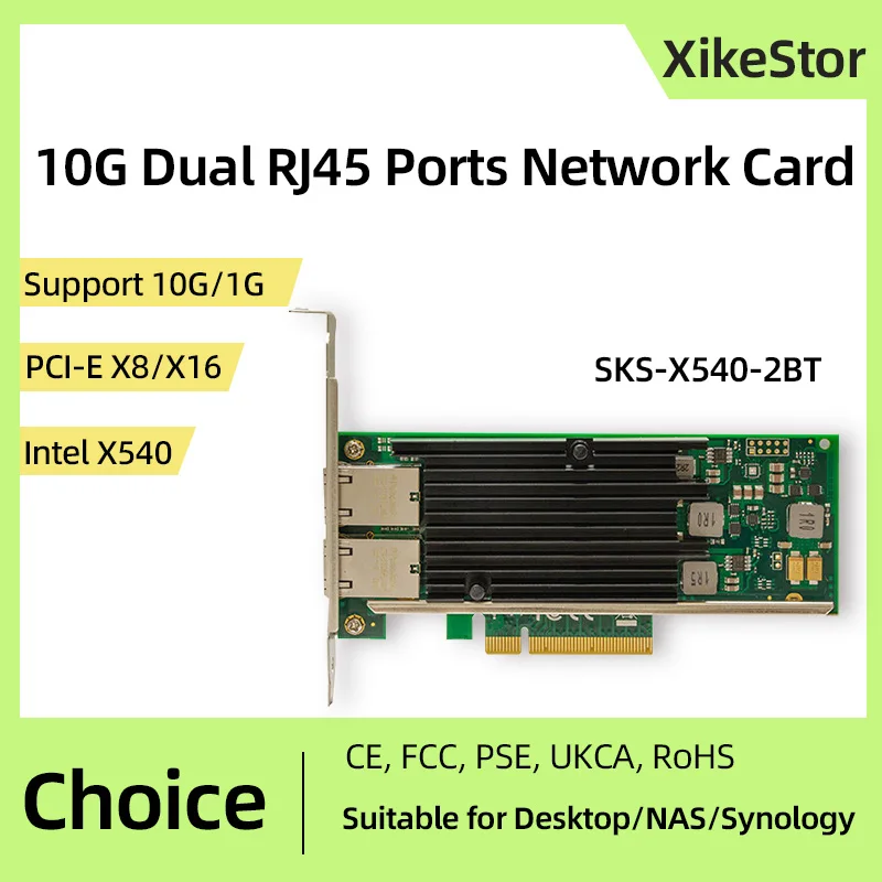 XikeStor 10G Dual RJ45 Ports Network Card with X540 Chip Support 10G/1G PCI-E X8 X16 NIC