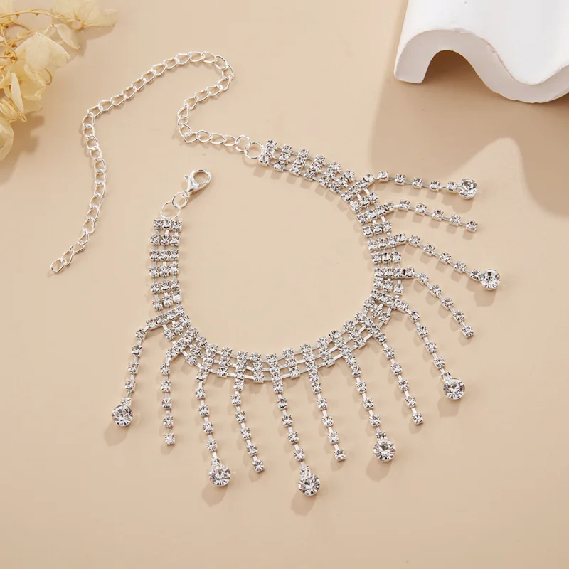 Exquisite Cubic Zirconia Chain Anklet for Women Fashion Silver Color Double Layer Water Droplets Bracelet Barefoot Foot Jewelry