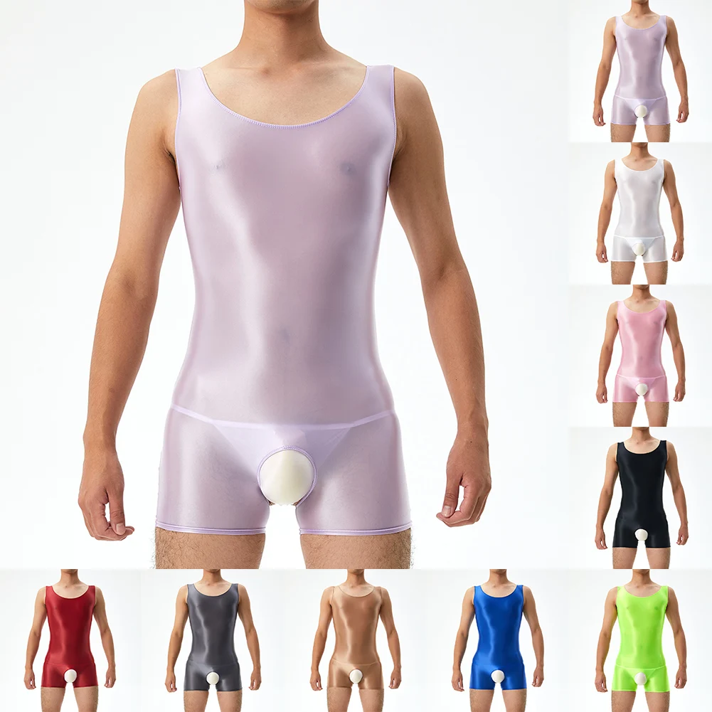 

Sexy Mens Glossy Crotchless Sleeveless Gay Sissy Bulge Pouch Shorts Elastic Erotic Hombre Jumpsuits Bodysuit Solid Underwear