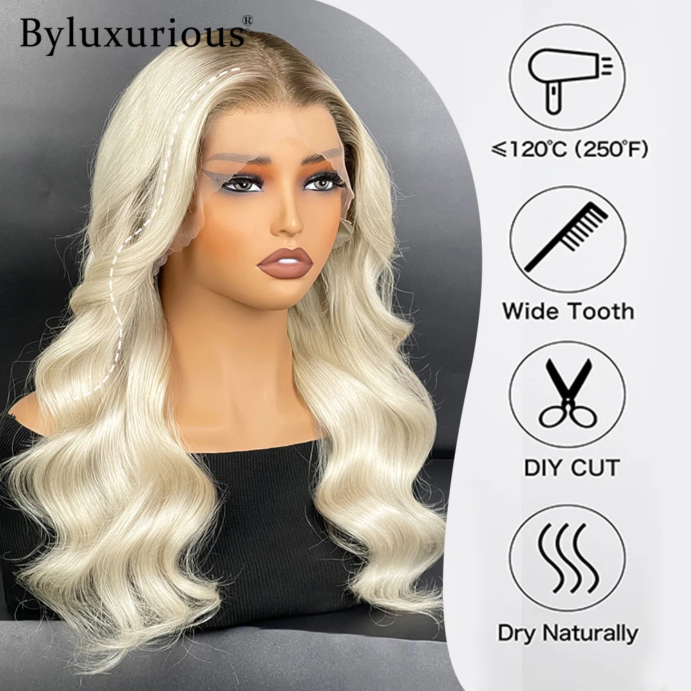 Byluxurious البلاتين لامع الجذر الظل بيتشي موجات 100% عذراء شعر مستعار غير قابل للاكتشاف شعري 180% خفيفة الوزن تصميم الباروكات