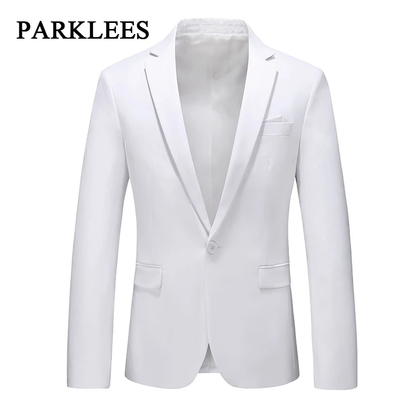 Parklees Mens Classic White Jacket Blazer Business Casual Solid One Button Suit Blazer Slim Fit Party Wedding Grooms Costume 6XL