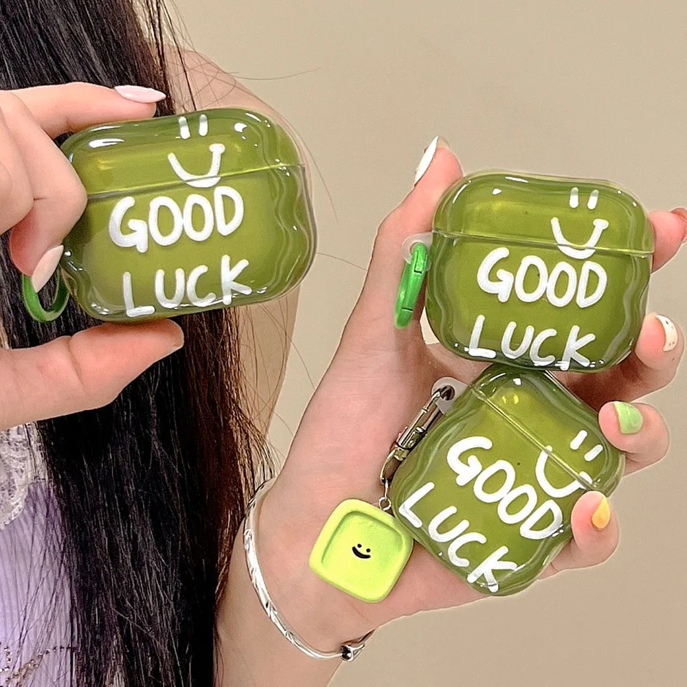 Funda para auriculares con letras en inglés verde INS para Apple Airpods Pro 2, cubierta con borde trenzado, colgante de sonrisa para Airpod 1, 2, 3, tercera generación