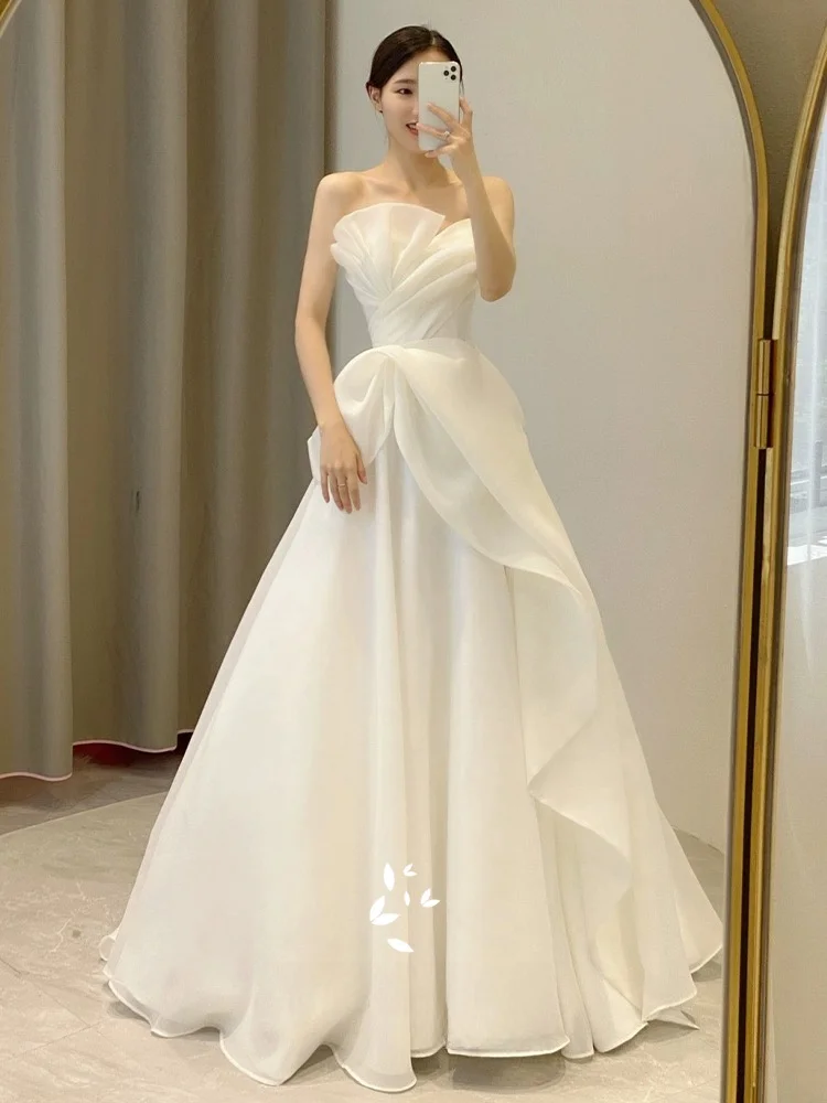 Bridal Gown Strapl Wedding Dr Ele High Waist A-Line Skirt Outdoor Lawn Ceremony Simple Sle for Brides