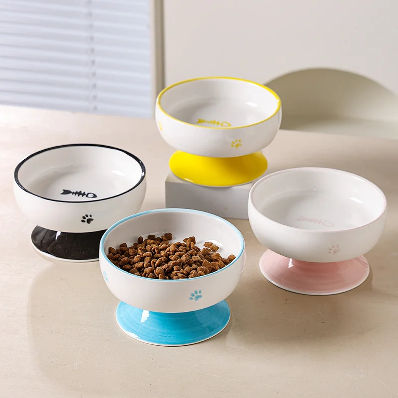 Cat Bowl High Legged Ceramic Food Bowl Water Feeding Hair Opening Rice Bowl Dog Feeding Bowl Cervical Protection Pet Products