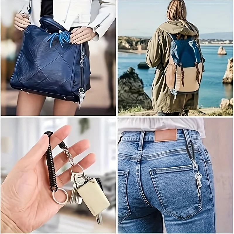 4 pièces, porte-clés rétractable à ressort, cordon enroulé avec anneau porte-clés et fermoir mousqueton, porte-clés élastique anti-perte