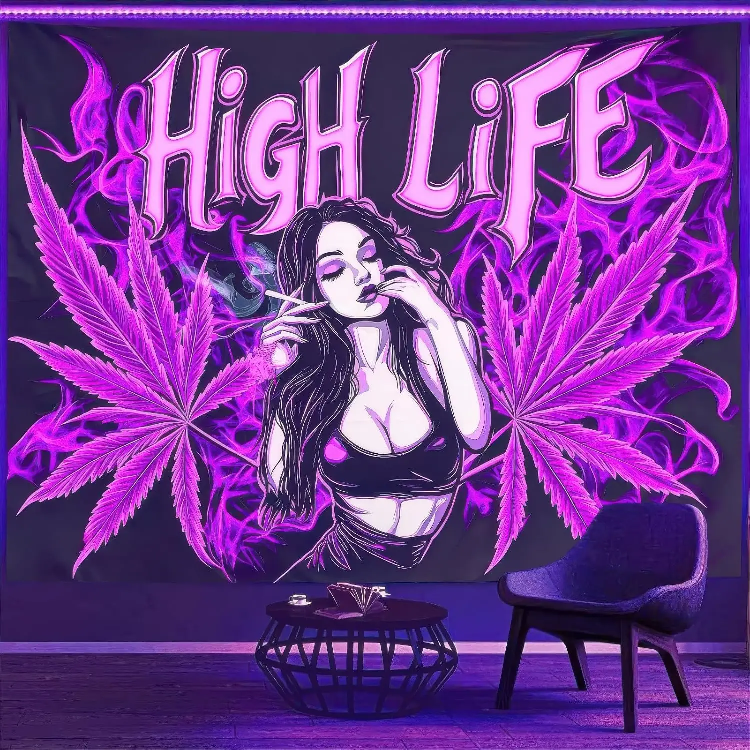 High Life Purple Tapestry - Psychedelic Girl Smoking Wall Art, Cannabis Leaf Decor, Boho Bedroom, Multiple Sizes