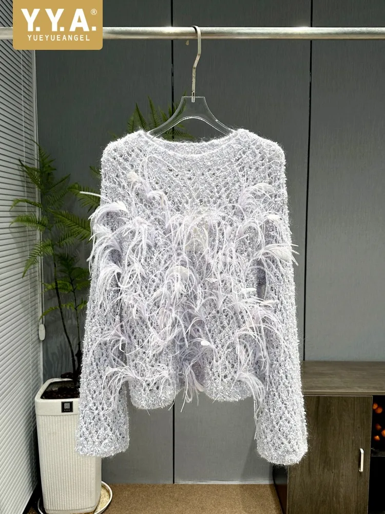 Autumn Hollow Out Feather Women Jumpers O-Neck Sweater Top Long Sleeve Loose Fit Pullover Elegant Sweet Knitwear Knitted Coat