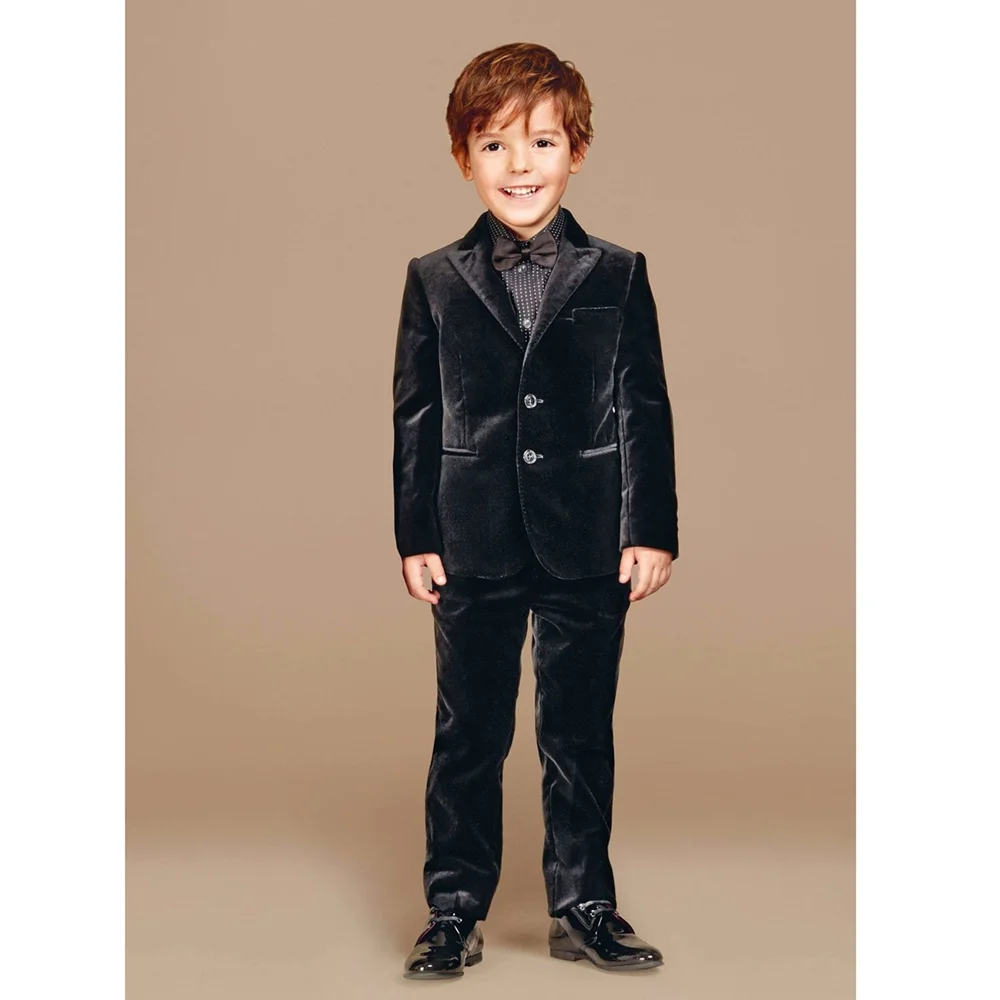 Black Velvet Suits for Boys Peak Lapel Single Breasted Clothing 2 Piece Party Wedding Formal Solid Color Customized Kids Clothes