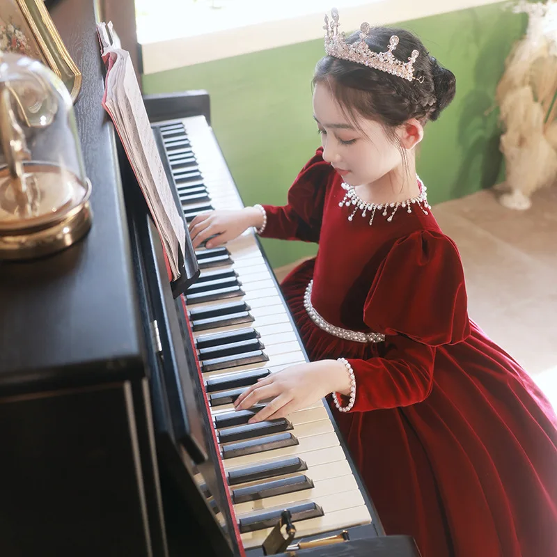 

Children's Birthday Dress Red Velvet Flower Girl Princess Dress Girls Piano Medium and Long Performance Dress Girls Host