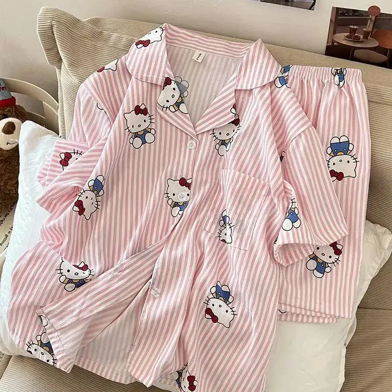Pijama de Hello Kitty para Mujer, Conjunto de Ropa de Casa de Verano, Manga Corta y Pantalones Cortos, Pijama para Niñas, Ropa de Casa para Estudiantes, Transpirable, con Dibujos Animados