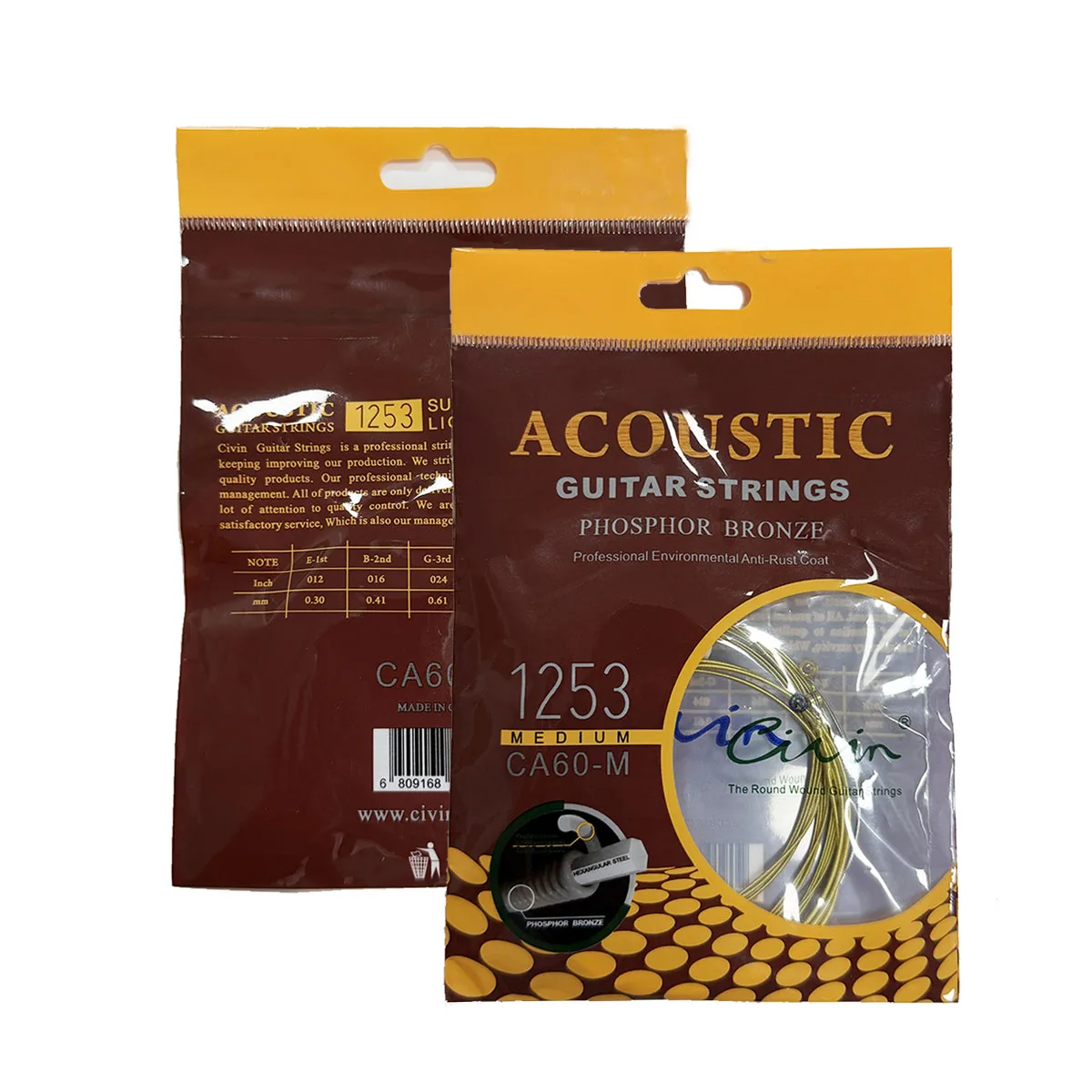 Civin CA60-M Acoustic Guitar Strings – Phosphor Bronze, Medium Gauge 012-053, Anti-Rust Coating, Hex Core, Round Wound, 6pcs