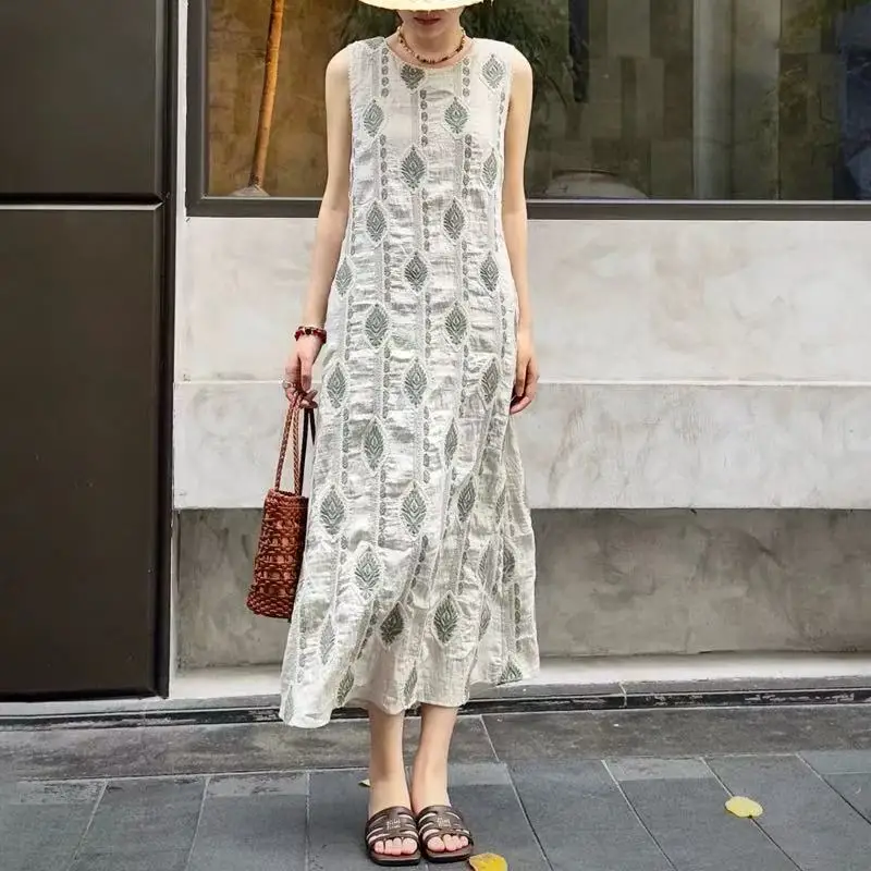 2025 Summer Women Cotton Linen Ethnic Style Sleeveless Print Loose Long Dress Boho Beach Holiday
