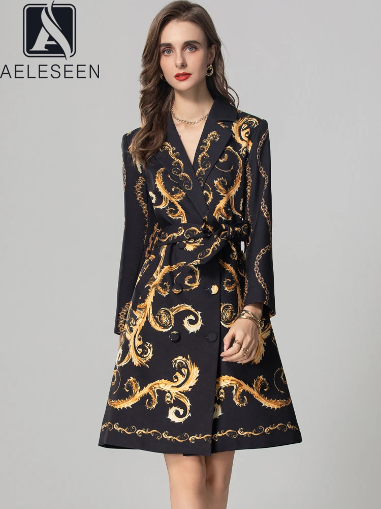 AELESEEN Designer Fashion Autumn Wintern Trench Women Vintage Yellow Flower Print Beading Double-breasted Belt Elegant Coat