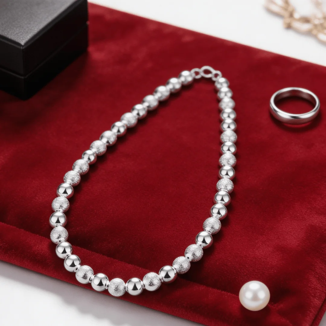Wholesale high quality 925 Silver Plated precious 8MM Frosted Smooth Beads Necklaces for women Fashion Jewelry Holiday gifts