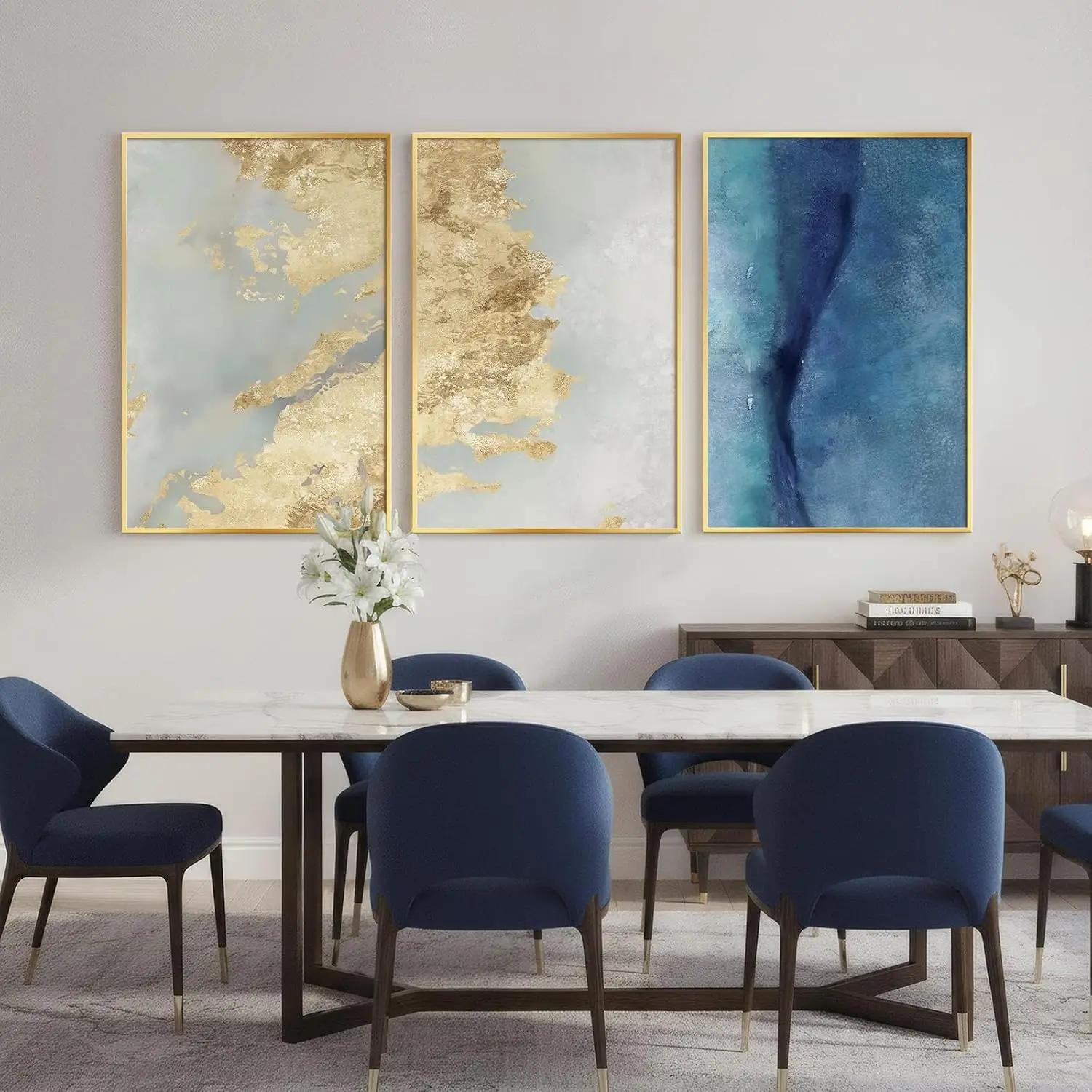 Blue Gold 3 Piece Abstract Wall Art Prints 24x36 In Living Dining Room Bedroom Office Contemporary Wall Decor Paintings