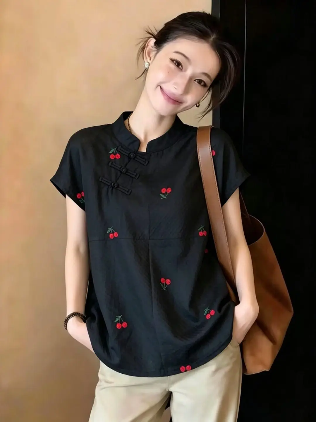 

New Chinese Style Women's Short Sleeve Shirt Embroidered Button up Summer Fashionable Loose Fit Printed Casual Inner Wear